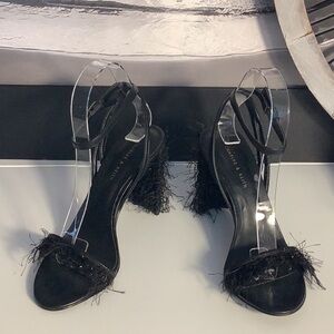 Charles & Keith Black Hairy Fringe Heel Open Toe Ankle Strap Shoes Sz 36/6